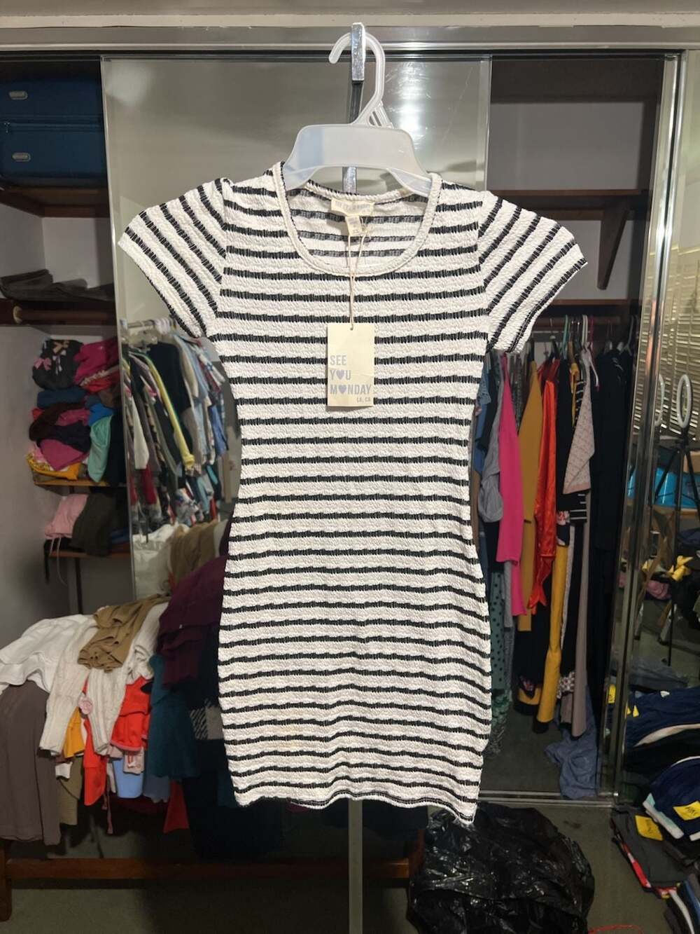 See You Monday Black and White Striped Short Sleeve Bodycon Dress XS